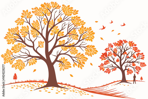 11 Autumn trees, golden yellow foliage, vibrant orange leaves, detailed branches, isolated on white background, digital illustration, vector art style, symmetrical composition, seasonal landscape, bot