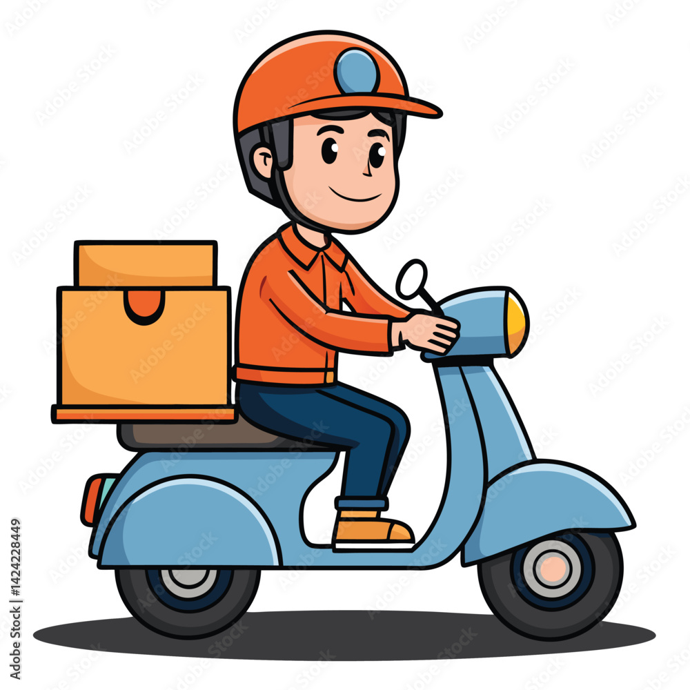 Cartoon Delivery Guy On Scooter With Boxes Illustration For Online Shops Cartoon Delivery Guy On Scooter With Boxes Illustration For Online Shops