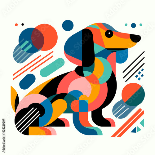 Colorful abstract dog illustration featuring a stylized dachshund with geometric shapes