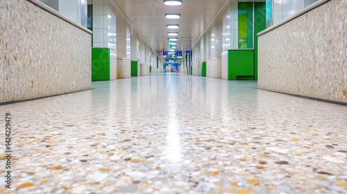 Polished terrazzo floor in a long empty modern hallway with green accents and bright ceiling lights.