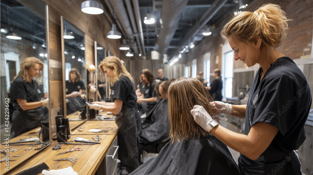 Hairdresser wearing gloves cutting the hair of a customer in a busy salon, with other hairdressers working in the background