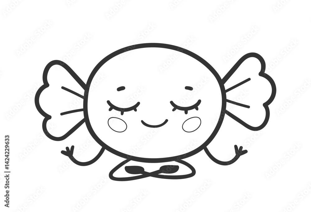 Vector line art illustration of a cute candy character with closed eyes sitting in a meditation pose.