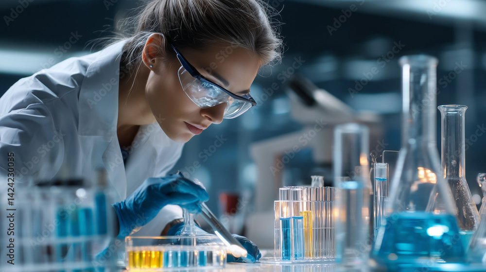 Female scientist wearing protective glasses and gloves, using pipette and test tubes, performing experiment in modern laboratory