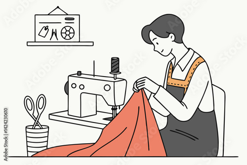 Tailor Working With Fabric At Sewing Machine In Workshop Illustration Design