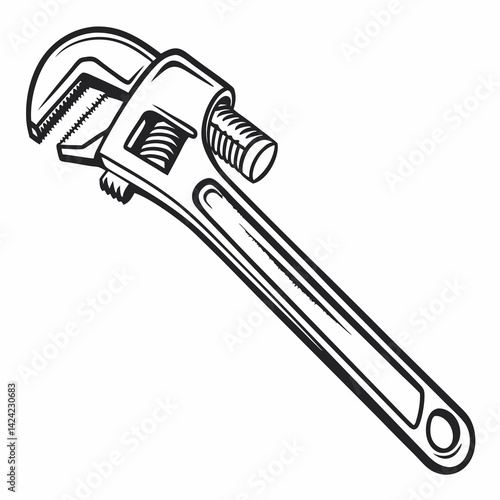 Adjustable Pipe Wrench Illustration Vector Black And White Plumbing Tool Graphic