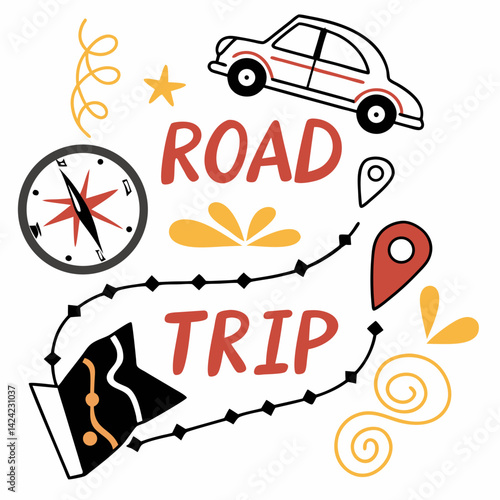 Creative Road Trip Elements Illustration With Car Map Compass And Destination Pointers