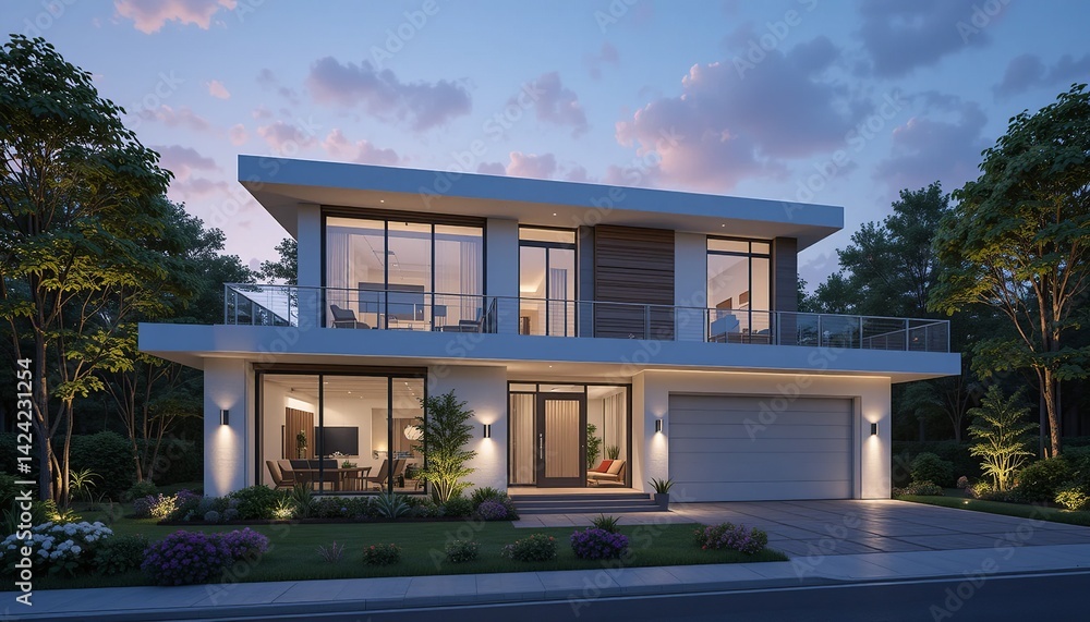 Fototapeta premium Modern two-story house with flat roof, expansive windows, and integrated garage illuminated at dusk