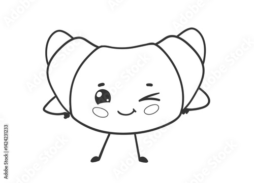 Vector line art illustration of a cute croissant with a smiling face and winking expression.