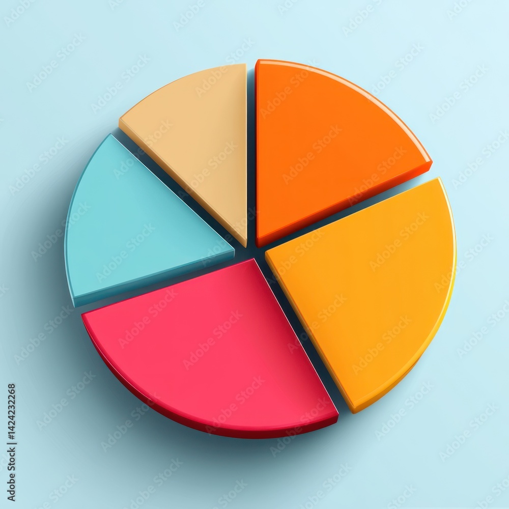 Fototapeta premium Five-part pie chart illustrating proportional data distribution.