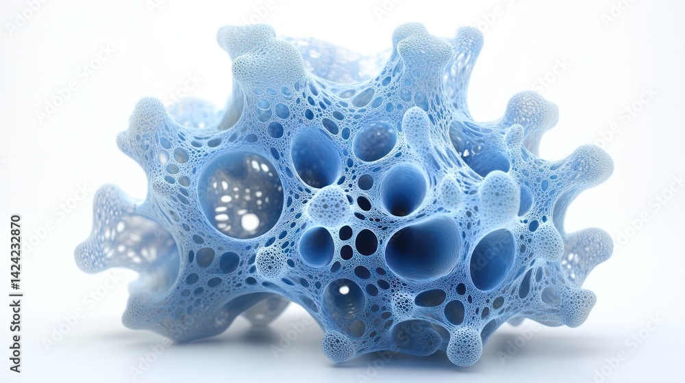 Intricate, sculpted, light-blue porous structure. Intricate, sculpted, light-blue porous structure.