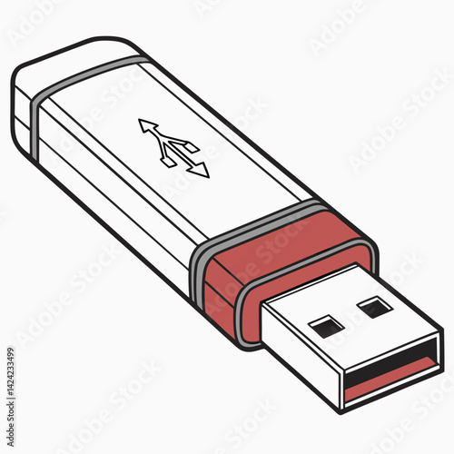 Outline Style Illustration Of A White And Red Usb Flash Drive