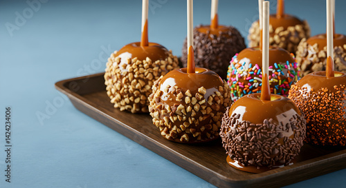 Caramel Apples With Assorted Toppings Displayed on Tray for Festive Treat