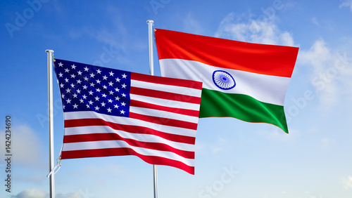 flags of usa and india over blue sky background.
