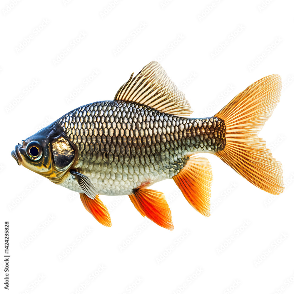 A single fish with sharp fins reflective body and textured scales depicted from the side view over a transparent background