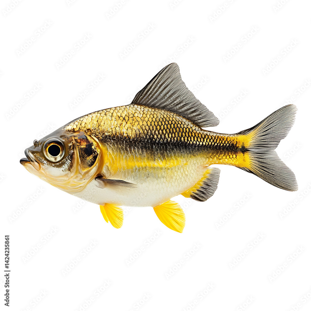 A single fish with sharp fins reflective body and textured scales depicted from the side view over a transparent background