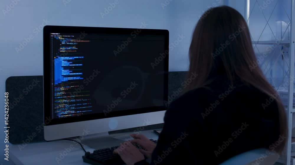 Professional Software developer writing code, working on new project looking at computer screen at the office. Female programmer, IT Security typing on keyboard working on computer coding programer.