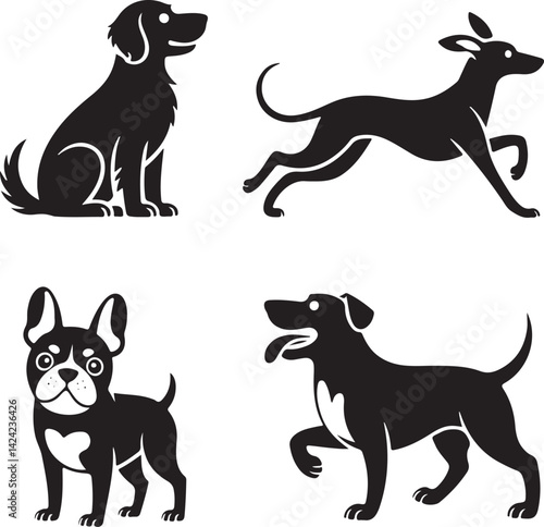 Dog silhouette, dog silhouette vector, dog sitting, head, icon, logo, face, outline, paw, jumping, front, animal
