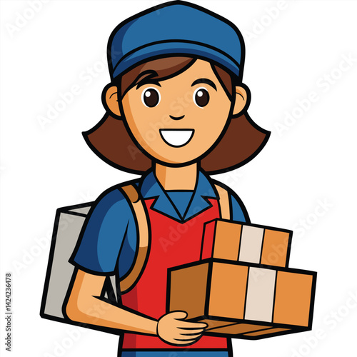 Cartoon Woman Delivery Service Worker Carrying Boxes On White Background