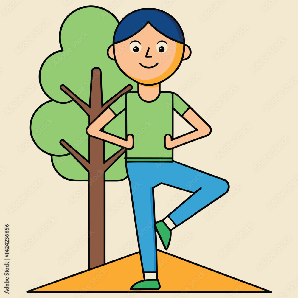 Fototapeta premium Cartoon Man Practicing Yoga Tree Pose Near Tree Outdoors Flat Illustration