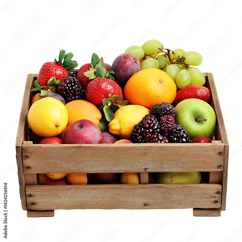 A decorative wooden caddy filled with an assortment of fruits including grapes lemons plums and apples arranged neatly on a transparent background