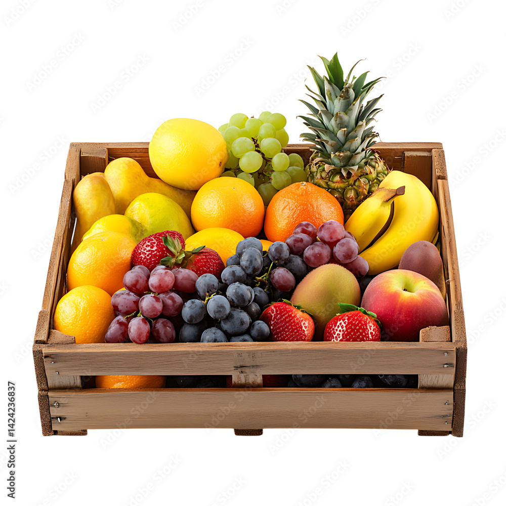 A decorative wooden caddy filled with an assortment of fruits including grapes lemons plums and apples arranged neatly on a transparent background