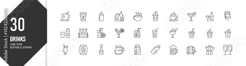 Drink and beverage icons in cafe style line art, UI and web design elements, icon set illustration