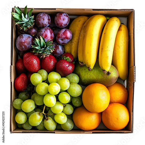 A wooden crate holding a selection of fresh fruits such as grapes bananas lemons oranges and peaches set on a transparent background