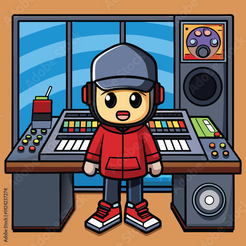 Cartoon Music Producer Character In Recording Studio With Soundboard And Speakers