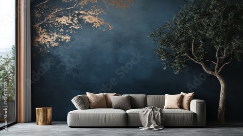Modern Living Room Interior Design with Tree Wall Art