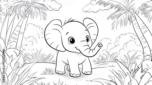 Cute baby elephant in a jungle scene, coloring book page, kids