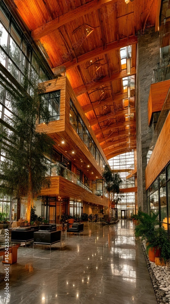 Fototapeta premium Indoor office with wood ceilings and bright windows