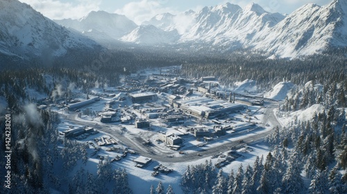 Snowy mountain valley with a town nestled within