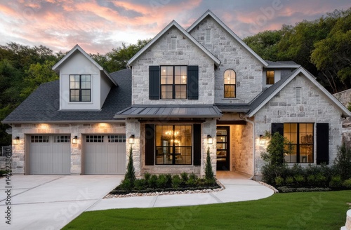 a beautiful two-story home in San Antonio, Texas, with a three-car garage and a grey stone exterior wall, light brown stucco front yard
