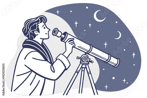 Man Looking Through Telescope At Stars And Moon Line Art Vector