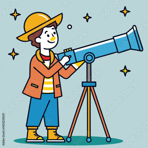 Cartoon Boy Exploring Space With Telescope And Stars In The Night Sky