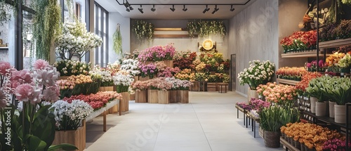 A flower shop interior with various flowers arranged on shelves and display stands beautifully lit up