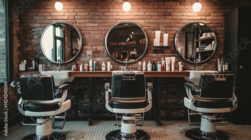 Interior of a barber shop with three chairs mirrors and products against a brick wall backdrop scene