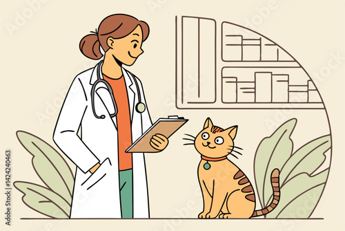Veterinarian Examining Cute Tabby Cat Holding Clipboard In Veterinary Clinic Office