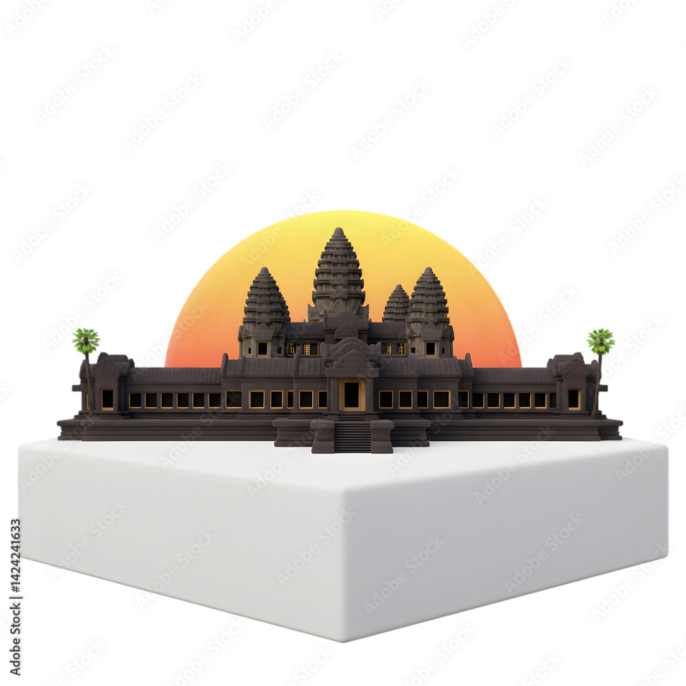 Fototapeta premium Angkor Wat miniature souvenir, illuminated by a warm sunset backdrop