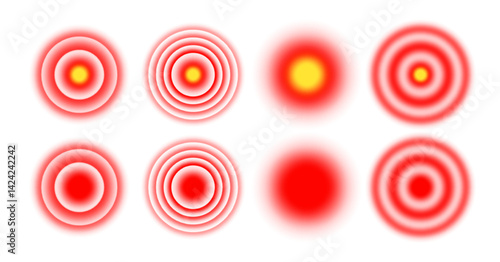 Red circle muscle, head and joint pain icon. Radial gradient to illustrate inflammation and sore stomach or teeth. Vector set of isolated elements on white background.