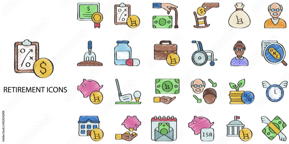 Retirement simple concept 24 hand drawn color icons set. Contains such retirement, savings, planning, income, security .Vector illustration. Retirement simple concept 24 hand drawn color icons set. Contains such retirement, savings, planning, income, security .Vector illustration.