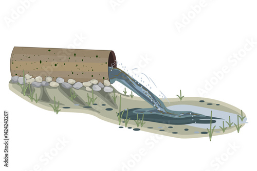 Water pollution from industrial pipes. Chemical waste flow pollution in nature. Dirty effluent discharge from pipe. Ecological damage. Environmental pollution. Pond contamination. Muddy swamp. Vector