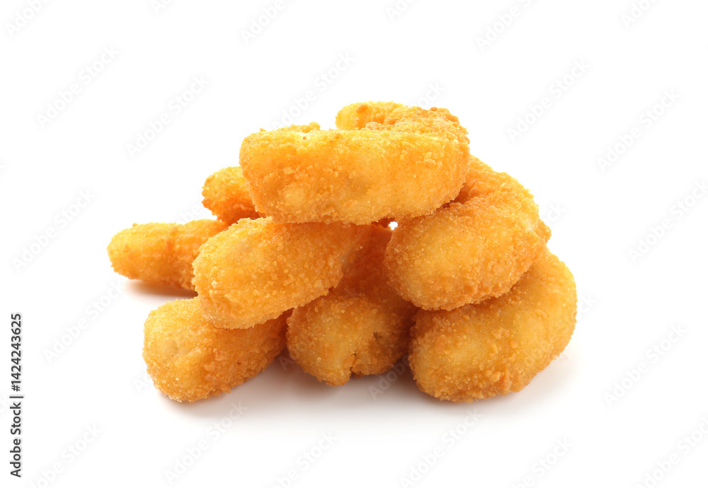 Many tasty tempura shrimps isolated on white Many tasty tempura shrimps isolated on white