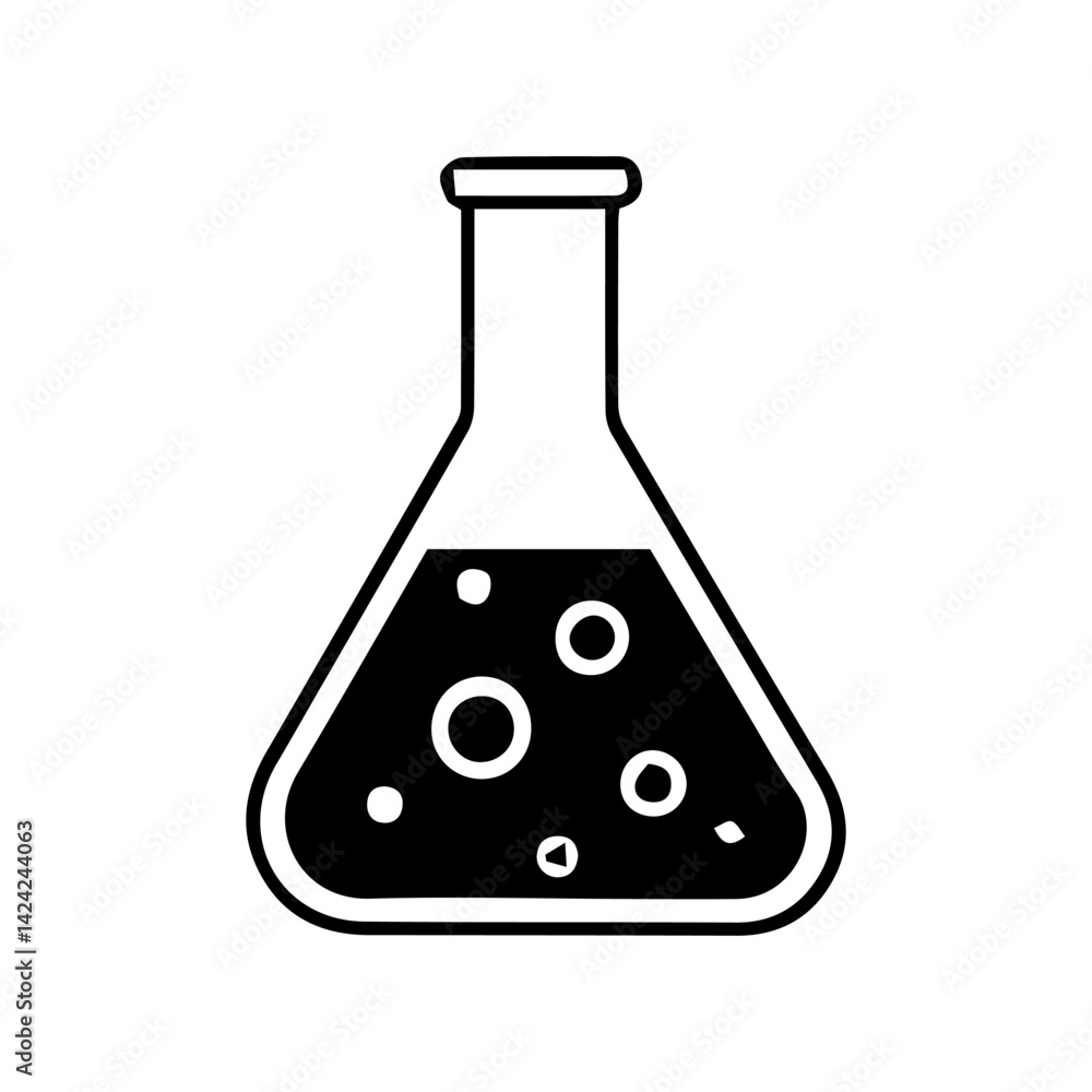 A black and white illustration of an Erlenmeyer flask filled with a bubbly liquid for a scientific study. A black and white illustration of an Erlenmeyer flask filled with a bubbly liquid for a scientific study.
