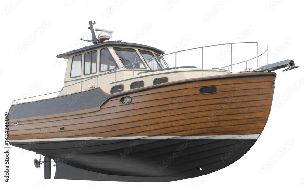 Wooden and Dark Hull Motor Yacht Vessel, transparent background png Wooden and Dark Hull Motor Yacht Vessel, transparent background png