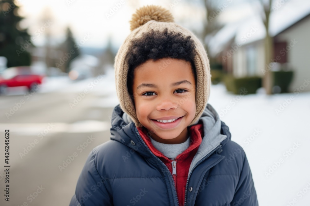 Smiling young African American boy on the driveway during winter in a suburban American neighborhood