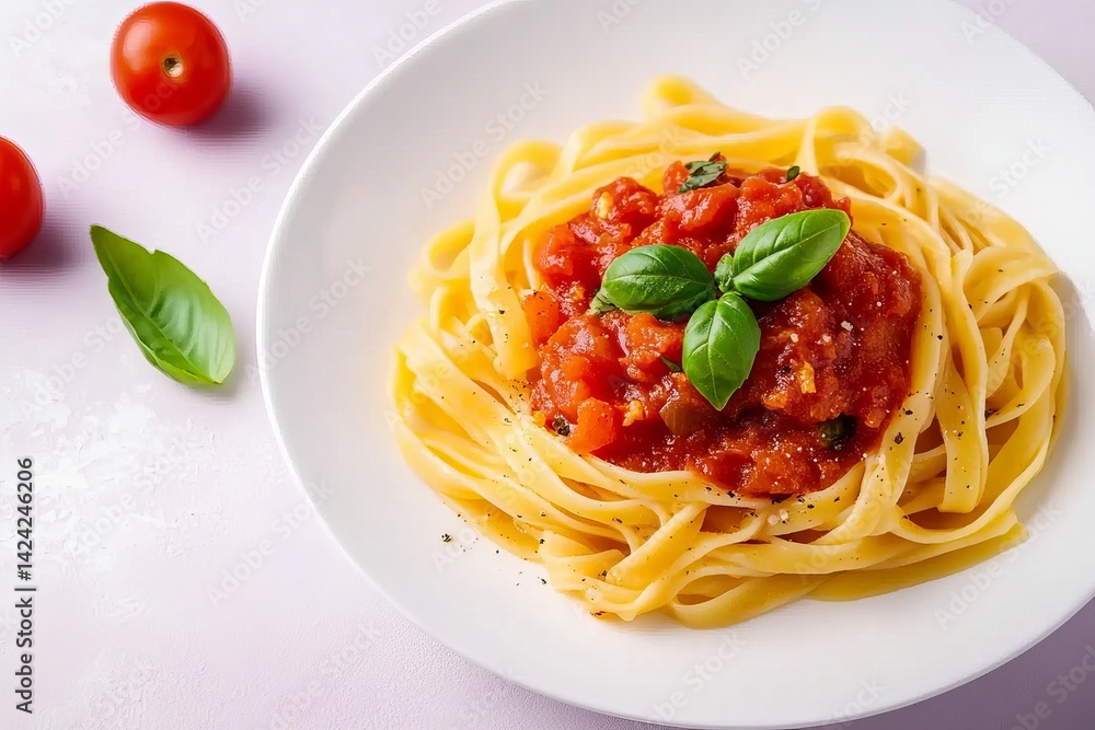 Photo of fettuccine with tomato-textured sauce on a white plate, top view. Photo of fettuccine with tomato-textured sauce on a white plate, top view.