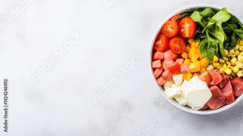 A colorful fresh salad with cherry tomatoes, corn, watermelon, feta cheese, and greens in a white bowl, close-up on a marble countertop, and healthy eating concept.