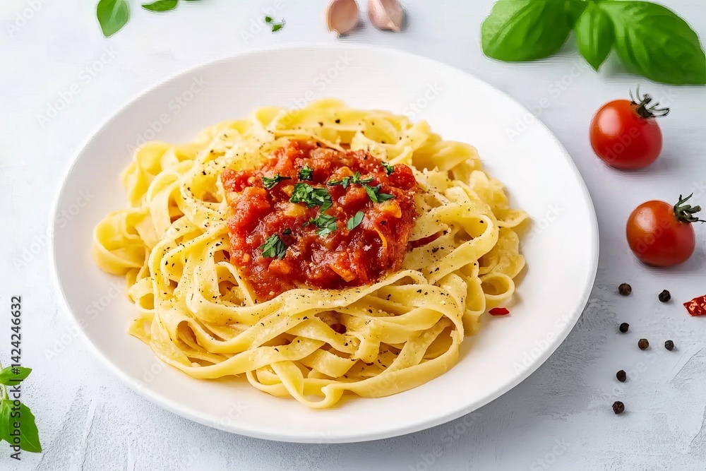Photo of fettuccine with tomato-textured sauce on a white plate, top view. Photo of fettuccine with tomato-textured sauce on a white plate, top view.