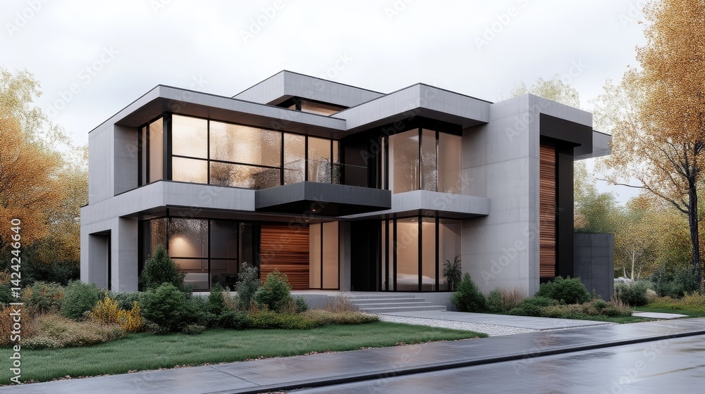 Modern, sophisticated home exterior with a contemporary design. Spacious, light-filled living areas and sleek lines feature prominently Modern, sophisticated home exterior with a contemporary design. Spacious, light-filled living areas and sleek lines feature prominently
